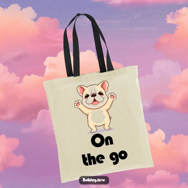 Funny tote bag featuring an ecstatic bulldog in mid-dance, paws high in the air, conveying unrestrained joy and happiness.